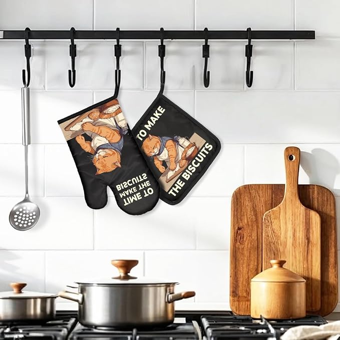 DYJYBMY Time to Make The Biscuits Funny Cat Oven Mitts and Pot Holder Set, Cute Kitchen Gadgets for Pet Lover, Housewarming Gifts for Cat Mom Dad, Bake Lover Gifts for Mom Dad Wife Husband BFF (HS)