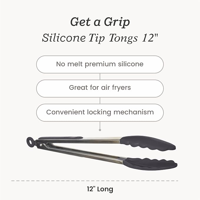 Starpack Get a Grip Silicone Kitchen Tongs (12 Inch) - LFGB Non Toxic, 600°F Heat Resistant, BPA-Free - Heavy-Duty Stainless Steel, Locking - Dishwasher Safe for Nonstick Cookware Gray Black