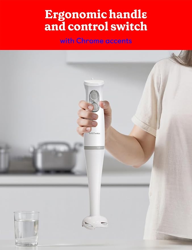 Betty Crocker 2-Speed Hand Blender, 20-Oz. Beaker, BC-4307W, White | Immersion Blender, 300W Motor 450W Peak Power, Soft-Touch Pulse Control, Stainless Steel Blade, BPA Free