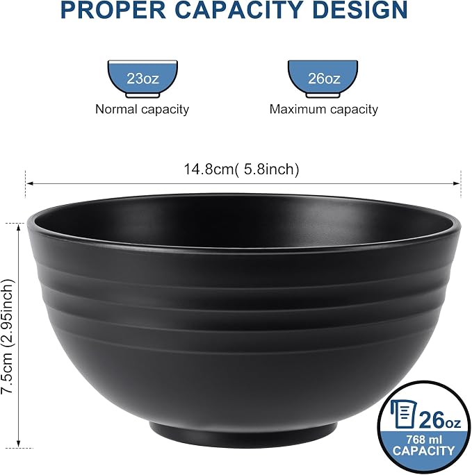 HOTEC 12-PACK BPA Free Unbreakable Plastic Cereal Bowls - Microwave & Dishwasher Safe Soup Salad Camping Bowls, 26OZ, Black