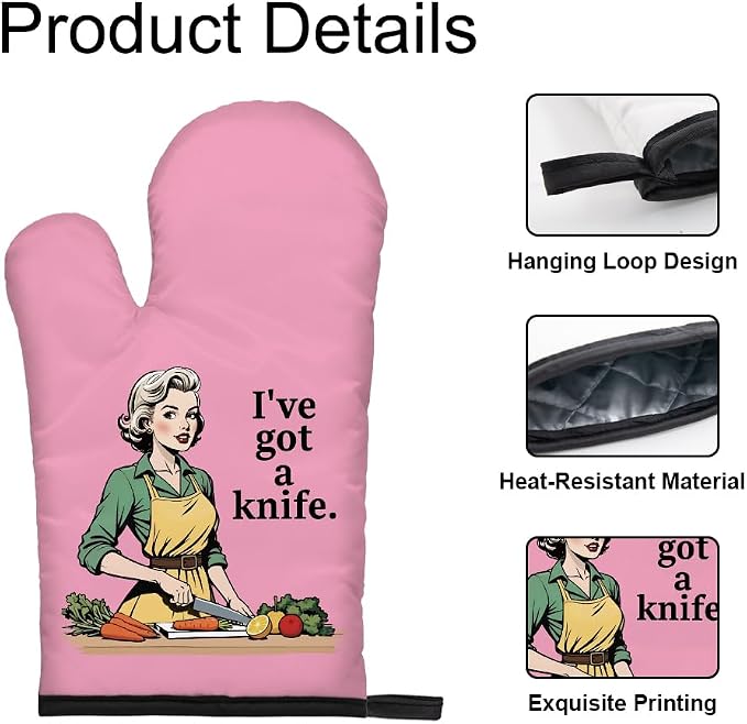 DYJYBMY I've Got A Knife Funny Oven Mitts and Pot Holder Set for Baking Cooking, Vintage Lady Kitchen Gadgets for Women, Fun Housewarming Cooking Gifts for Women Bakers Mom Wife Grilfriend Sister BFF