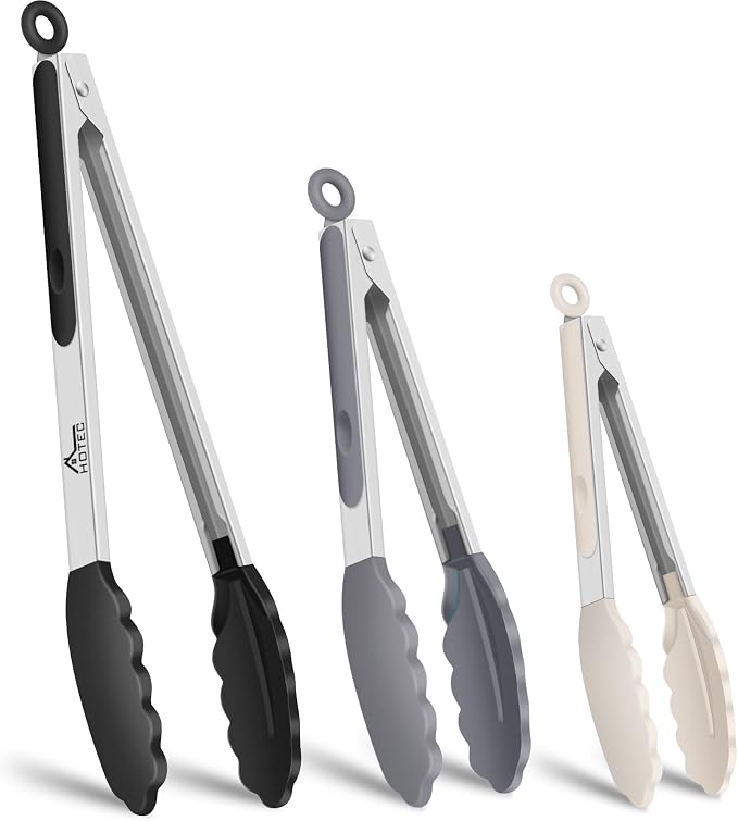 HOTEC Premium Stainless Steel Locking Kitchen Tongs with Silicon Tips, Set of 3-7", 9" and 12", Black, Grey, White