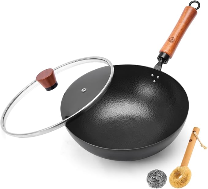WANGYUANJI 11 Inch Round Bottom Iron Wok, Hand-Hammered Uncoated Wok with Wooden Handle, Traditional Stir-Fry Pan for Gas Stove or Wok Ring, Not for Flat Cooktops