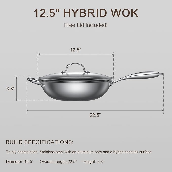 12.5-Inch Hybrid Stainless Steel Wok Pan with Lid, Laser-Textured Nonstick Stir Fry Pan, PFOA-Free, Induction Compatible, Oven & Dishwasher Safe for All Cooktops