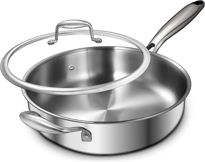 EWFEN 12 Inch Tri-Ply Stainless Steel Frying Pan, Compatible with All Cooktops Up to 600℉, Large Frying Pan with lids, Induction-Ready Skillet, Dishwasher and Oven Safe, Even Heat, 12" Pan+Handle+Lid