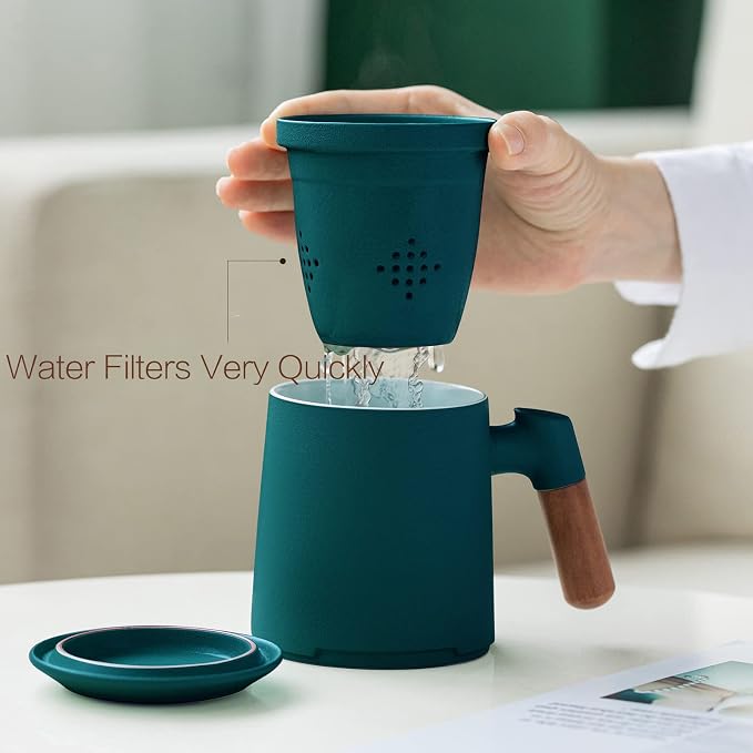 ZENS Tea Cup with Infuser and Lid for Loose Leaf Tea Steeper, 12oz Green | Embossed Ceramic Tea Infuser Mug with Fine Strainer for Herbal Tea Lovers Gifts, Vintage Wood Handle