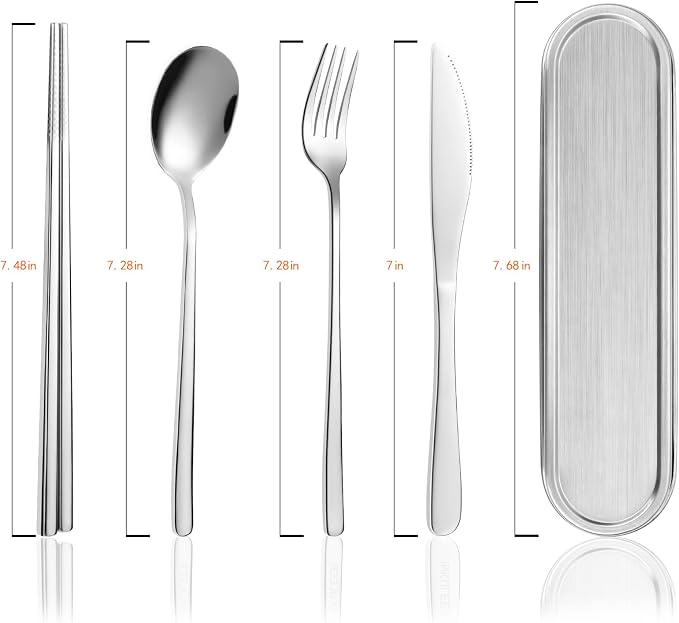 Travel cutlery set, 18/8 stainless steel cutlery, Reusable utensils set with case, Portable Silverware Lunch Box for Camping and Office (Stainless Steel)
