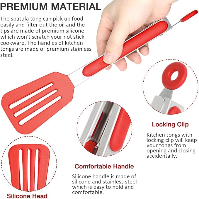 9 Inch Cooking Tongs with Silicone Tips Set of 3(Red) | Stainless Steel Handle, Non-Scratch, Heat Resistant