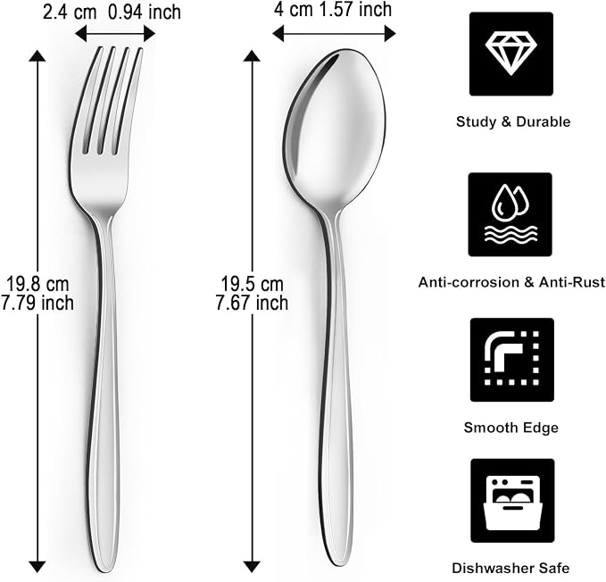 Unokit Forks and Spoons Silverware Set - 24-Piece Food Grade Stainless Steel Silverware for Home, Kitchen and Restaurant, 12 Forks and 12 Spoons