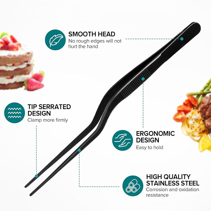 Kitchen Tweezer Tongs Set for Chef Food Plating,6 Pcs,6.3", Black | Stainless Steel, Offset Small Thin Skinny Bar Cooking Culinary Garnish Bartender Tweezer Tongs Set, For bartending garnishing