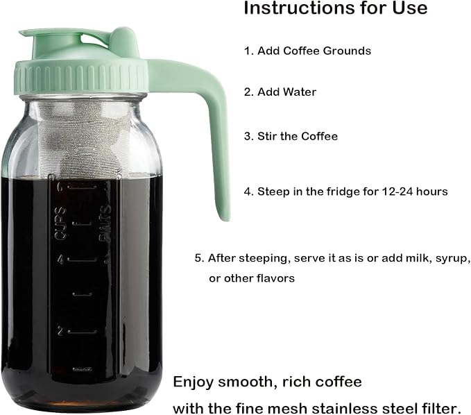Fermus Cold Brew Coffee Filter for 64oz / 2Quart Wide Mouth Mason Jar Infuser 304 Stainless Steel Strainer with Seal Ring Design for Grounds Tea Fruit Coffee Filter