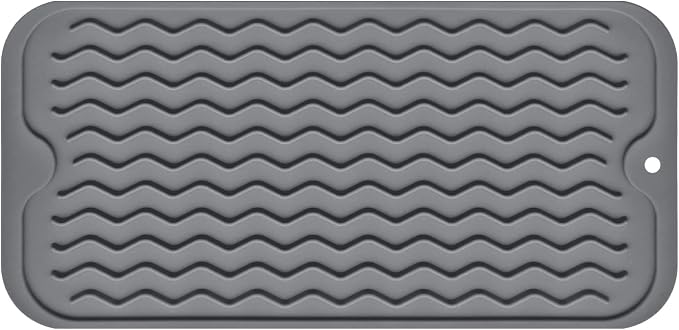 Silicone Dish Drying Mat, Non-Slip Easy Clean Sink Mat Large Heat-resistant Dish Drainer Mat for Kitchen Counter, Sink, Refrigerator or Drawer liner (12" x 6", GREY) | Quick-Dry Ridges, Hangable & Roll-Up for Storage, Dishwasher Safe