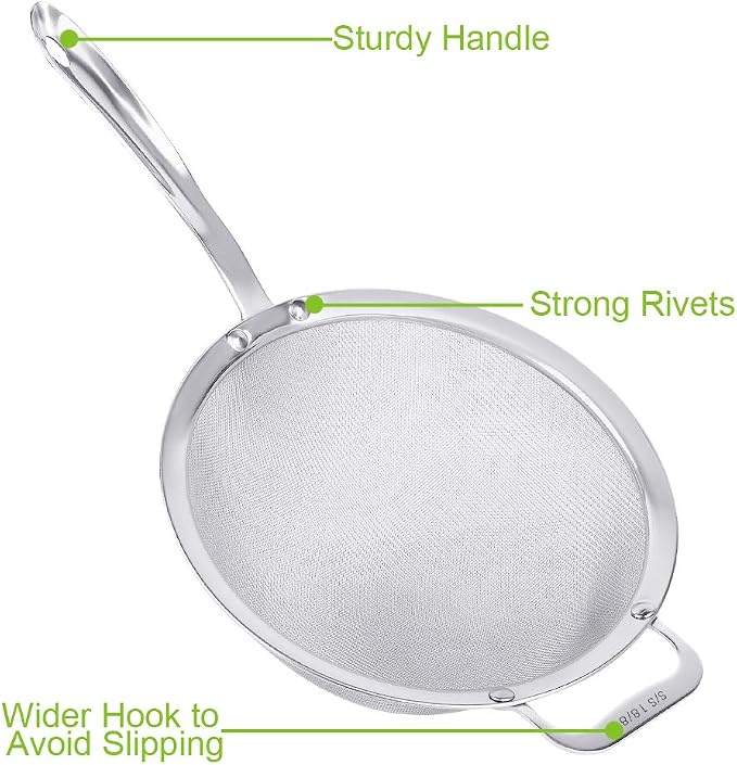 9" Large Mesh Strainer, Stainless Steel 18/8 Extra Fine Quinoa Sieve, with Solid Sturdy Handle, Flour Filter with Wider Hook