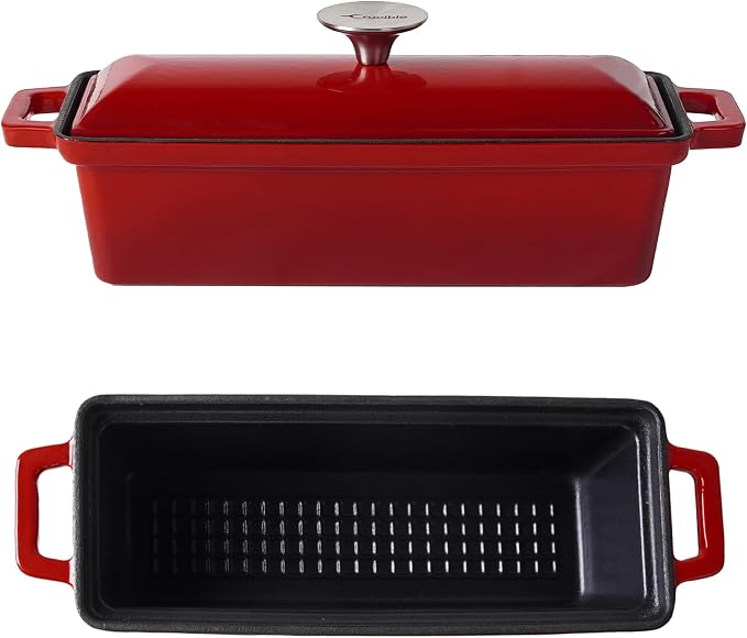 Crucible Cookware Enameled Cast Iron Bread Pan with Lid - Red - Oven Safe Form for Baking and Cooking - Loaf Pan