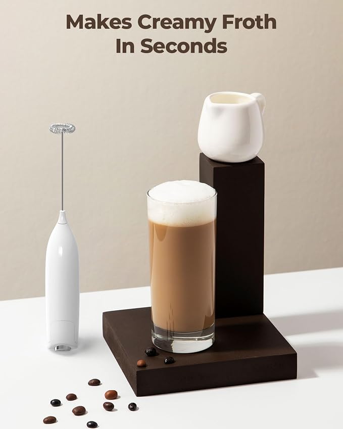 SIMPLETASTE Milk Frother Handheld Electric Foam Maker Battery Operated | Drink Mixer with Stainless Steel Whisk for Cappuccino, Bulletproof Coffee, Latte, Blizzard White, without Stand