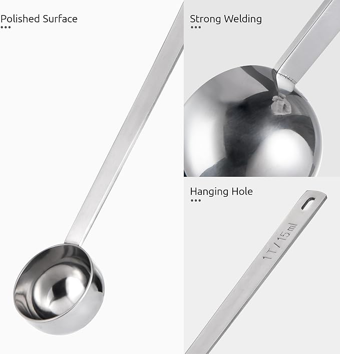 U-Taste Coffee Scoop 1&2 Tablespoon: 18/8 Stainless Steel Measuring Scooper for Ground Coffee, Bean, Powder, Espresso, 8.5in Long Handle Metal Meaure Spoon for Canister, Jar (1&2Tbsp/15&30ml, Silver) | 18/8 Stainless Steel Tablespoon Scoop, Long Metal ...