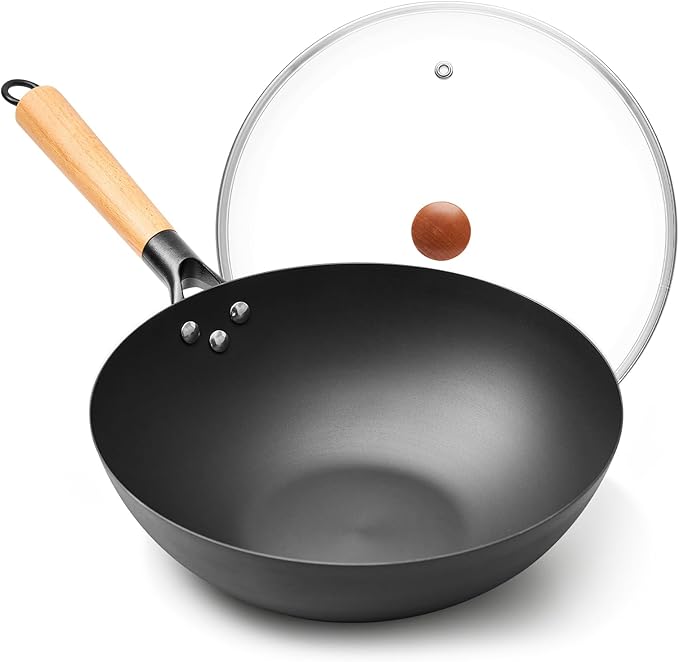 High-Purity Iron Carbon Steel Wok with Lid, 11.8 Inch Flat Bottom Wok Pan, Uncoated Stir Fry Pan with Wood Handle, Compatible with Gas, Electric, Induction and Ceramic Stoves
