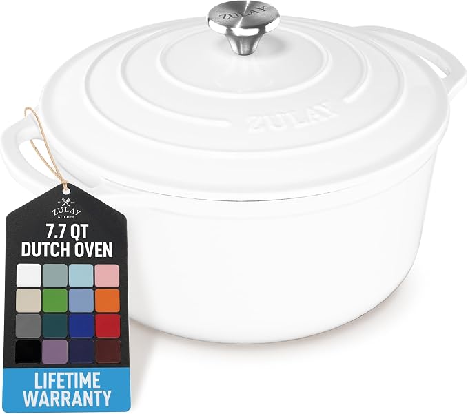 Zulay Kitchen 7.7 Quart Enameled Cast Iron Dutch Oven Pot with Lid – Premium Durability & Oven Safe up to 500°F – Heavy Duty Cookware Perfect for Bread Baking, Stews, Braising & Roasting – White