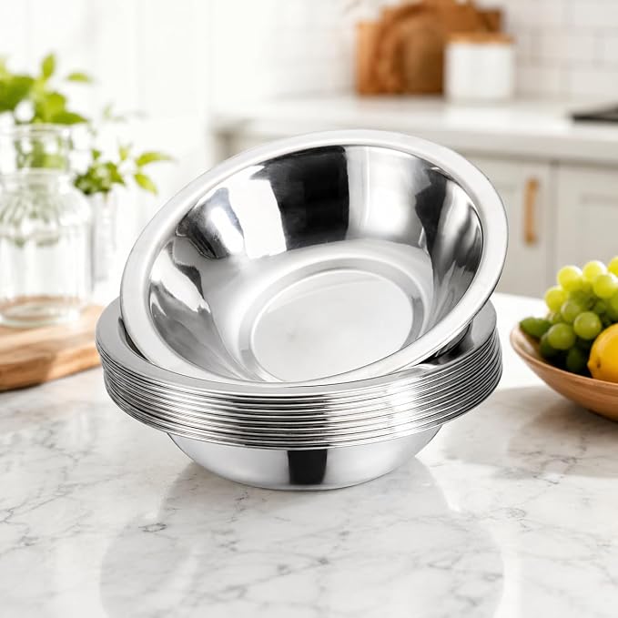 Okllen 10 Pack Small Stainless Steel Bowls, 6 1/2 Inch Wide Kitchen Metal Bowl with Flat Base, 3/4 Quart Prep Bowls for Meal Prep, Cooking, Serving, Baking