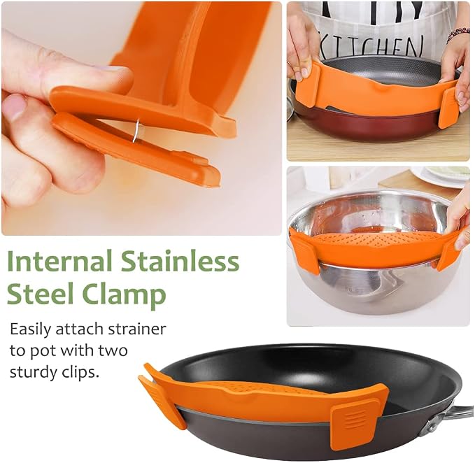 YEVIOR Clip on Strainer for Pots Pan Pasta,Silicone Food Pan Strainer | Food-grade BPA-free,Kitchen Food Strainer for Spaghetti, Pasta,Vegetable Fruits Fits All Bowls and Pots,Orange