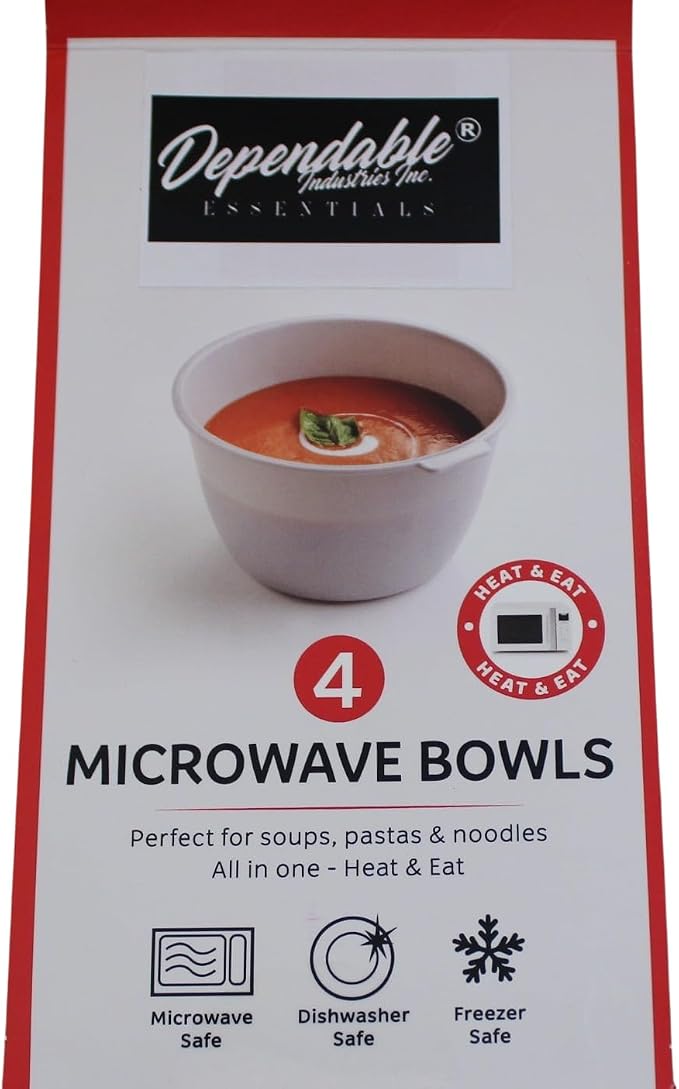 Dependable Industries inc. Essentials Unbreakable Microwave Bowls Heat and Eat 26 OZ Dishwasher Safe BPA-Free Plastic for Serving Soup Pasta Noodles Oatmeal Cereal Stakable Set of 4