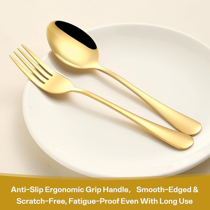 12 Pieces Spoons and Forks Set,Food Grade Stainless Steel Flatware Cutlery Set,6 Forks(6.8 inch)and 6 Spoons(6.6inch)Silverware Set for Home,Kitchen,Restaurant-Mirror Polished & Dishwasher Safe(Gold)