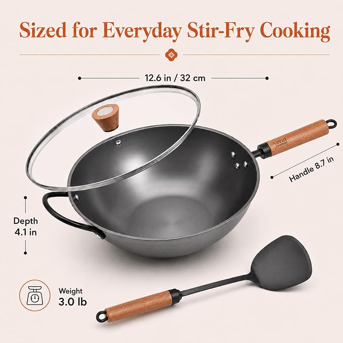 12.6 Inch Carbon Steel Wok with Lid, Flat Bottom Induction Wok Pan, Non-Coated Stir Fry Wok Skillet with Helper Handle, Gas Electric Ceramic Halogen Compatible, Includes Iron Wok Spatula