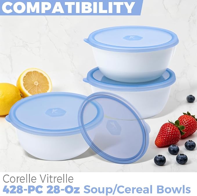 Silicone Lids for Corelle Vitrelle, 4 Pack Corelle Bowl Lids for 28oz Soup Bowls Corelle Vitrelle 428-PC, Freezer Microwave Dishwasher Safe