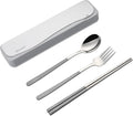 DEVICO Travel Utensils with Case, 4Pcs Portable Silverware Set for Work, 18/8 Stainless Steel Reusable Cutlery, Korean Spoon and Chopsticks Fork for Camping, School, Lunch Box Accessories (Grey)