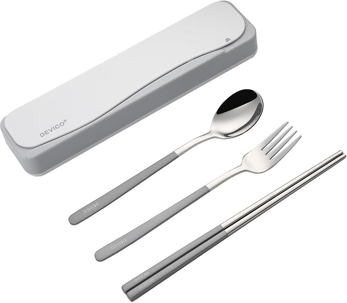 DEVICO Travel Utensils with Case, 4Pcs Portable Silverware Set for Work, 18/8 Stainless Steel Reusable Cutlery, Korean Spoon and Chopsticks Fork for Camping, School, Lunch Box Accessories (Grey)