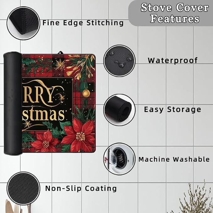 Christmas Poinsettia Glass Stove Top Cover Protector – Merry Christmas Glass Cooktop Protector,Xmas Cooktop Mat for Ceramic Countertop Mats Electric Stove Cover Festive Decor