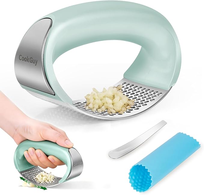 Cook Guy 304 Stainless Steel Garlic Press Rocker Set | Premium Garlic Mincer, Crusher, Peeler, and Scraper Tool for Effortless Mincing - Comfortable Grip Garlic Grinder (Green)