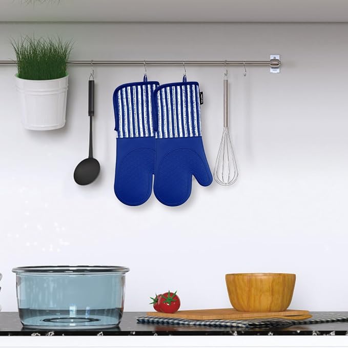 Alselo Silicone Oven Mitts Heat Resistant 932℉ with Waterproof & Non-Slip | Kitchen Mittens Set of 2,Extra Long 7.5"x15" Oven Gloves with Soft Cotton Terry Lining for Baking Cooking BBQ(Cobait Blue,2)