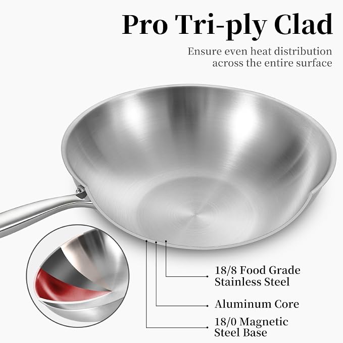 Inqibee 10 Inch Stainless Steel Wok Pan with Lid, Riveted Handle | Uncoated Tri-Ply Stainless Steel Stir Fry Pan, Everyday Cooking Wok for Induction, Flat Bottom, Dishwasher & Oven Safe