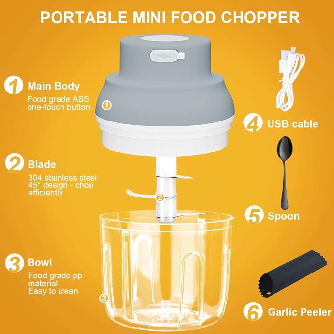 Electric Garlic Chopper Mini, Garlic Masher Mincer Crusher Chili Nuts Meat Grinder, Food Processor Small with Garlic Peeler And Spoon, Gray,250ML