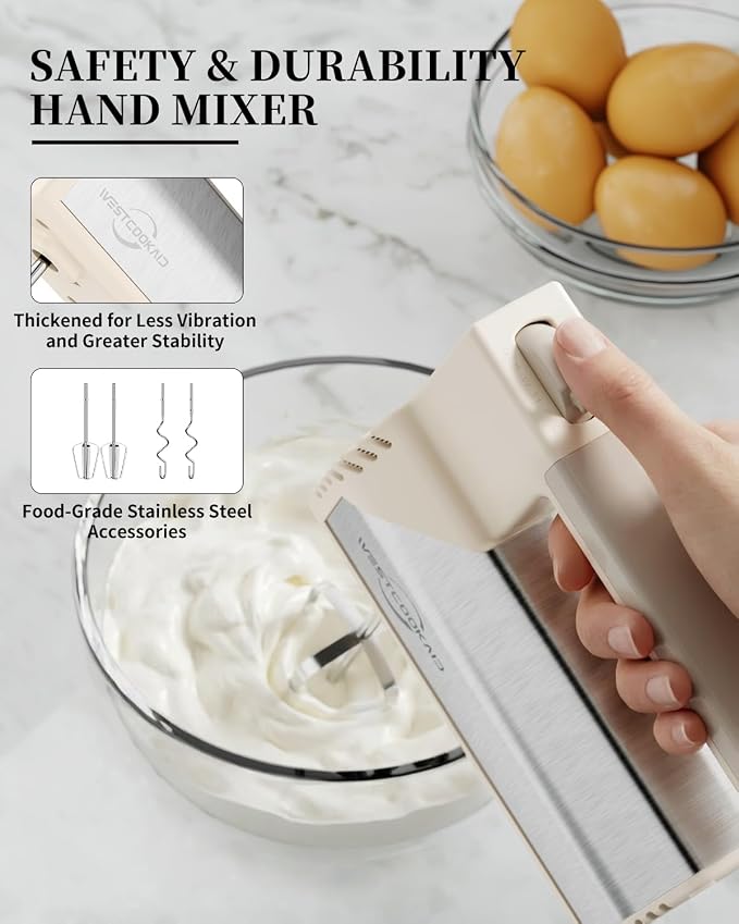 Hand Mixer Electric Handheld, 5-Speed 200W Portable Mixer Beige | WESTCOOKAID Electric Hand Mixer with Dough Hooks, Turbo Ultra Power+Eject Button, Perfect for Cakes, Eggs and Baking, Beige