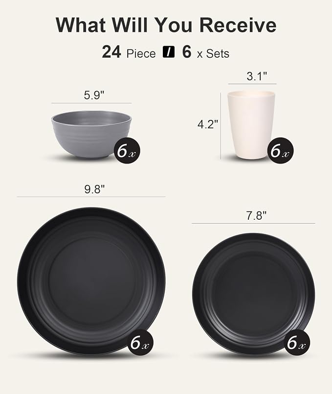 Quatish 24 Pcs Unbreakable Plates and Bowls, Plastic Dinnerware Sets for 6, Reusable Dish Set for Camping, Dishwasher Microwave Safe, Outdoor Kitchen and Apartment Dinning RV Essentials, Grey