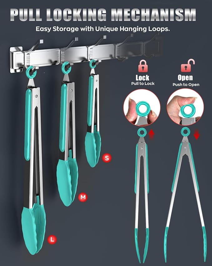 Good Grip Cooking Tongs with Silicone Tips, Set of 3-7" 9" and 12" | 600ºF Heat Resistant, 5-Layer Heavy Duty Stainless Steel, Pull Lock, Non Stick - Kitchen Tongs for Salad, Cooking and Frying