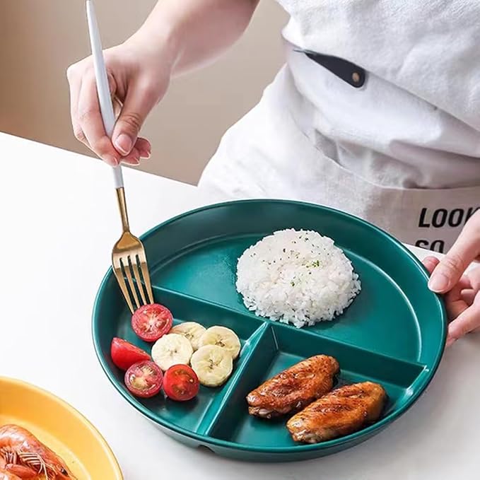 PUPOPIK 9" Unbreakable Divided Plates Set of 5, Wheat Straw Plate Reusable Dinnerware Portion Control Plate, Round Bariatric Plastic Plate for Kids Adults, BPA-free, Dishwasher Safe