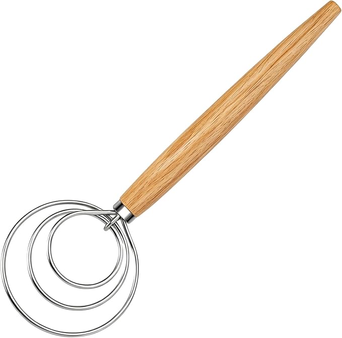 Maxjoy Danish Dough Whisk, Stainless Steel Wooden Bread Tool for Sourdough | Wooden Handle Dutch Dough Hook, Replaces Mixer and Spoon for Sourdough Pastry Pizza, Food Safe, Rust Resistant, Easy Clean