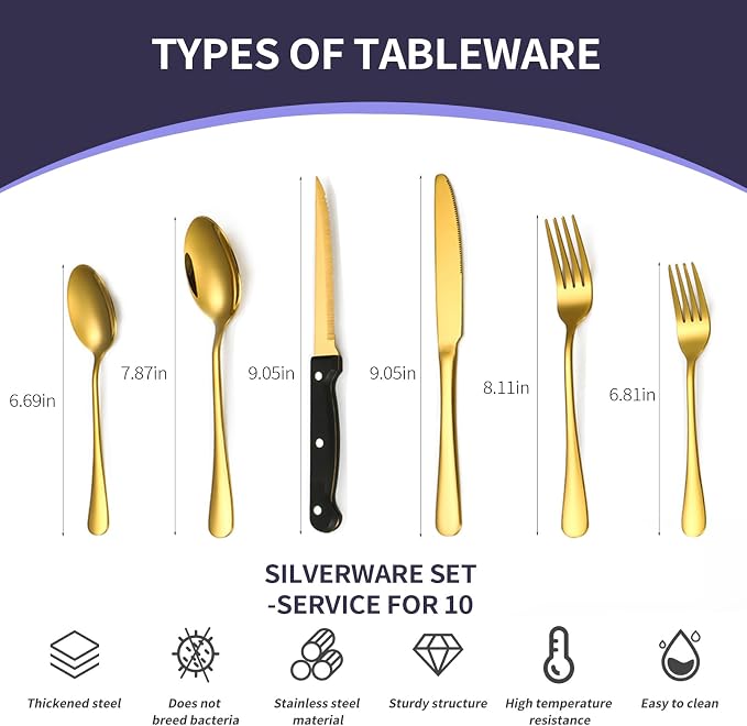 60-Piece Gold Silverware Set with Steak Knives Gold Stainless Steel Flatware Set for 10 Food Grade Tableware Cutlery Set Rust-proof, Mirror Polished, Dishwasher Safe