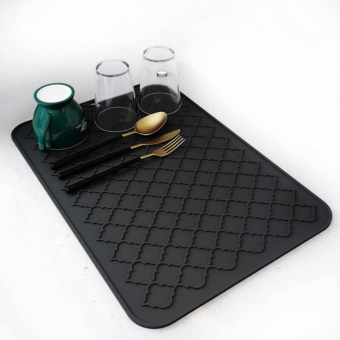 AMOAMI-Dish Drying Mats for Kitchen Counter-Silicone Dish Drying Mat-Kitchen Dish Drying Pad Heat Resistant Mat-Kitchen Gadgets Kitchen Accessories Kitchen Small Appliances(12" x 16", BLACK)