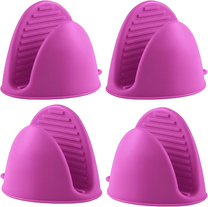 2 Pairs All Magenta Mini Silicone Oven Gloves, Mini Finger Protector Pot Holder for Kitchen,Cooking,Baking,BBQHeat Resistant Gloves，can be Washed in the Dishwasher