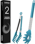 Spaghetti Spoon and Pasta Tong, Non-stick Silicone Spoon Server Fork With Teeth and Stainless Steel Handle, Food Clip for Noodles (Blue)