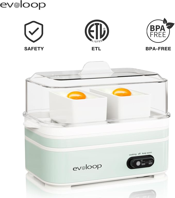 Evoloop Rapid Egg Cooker Electric 6 Eggs Capacity, Soft, Medium, Hard Boiled, Poacher, Omelet Maker Egg Poacher With Auto Shut-Off, BPA Free (Retro Green)