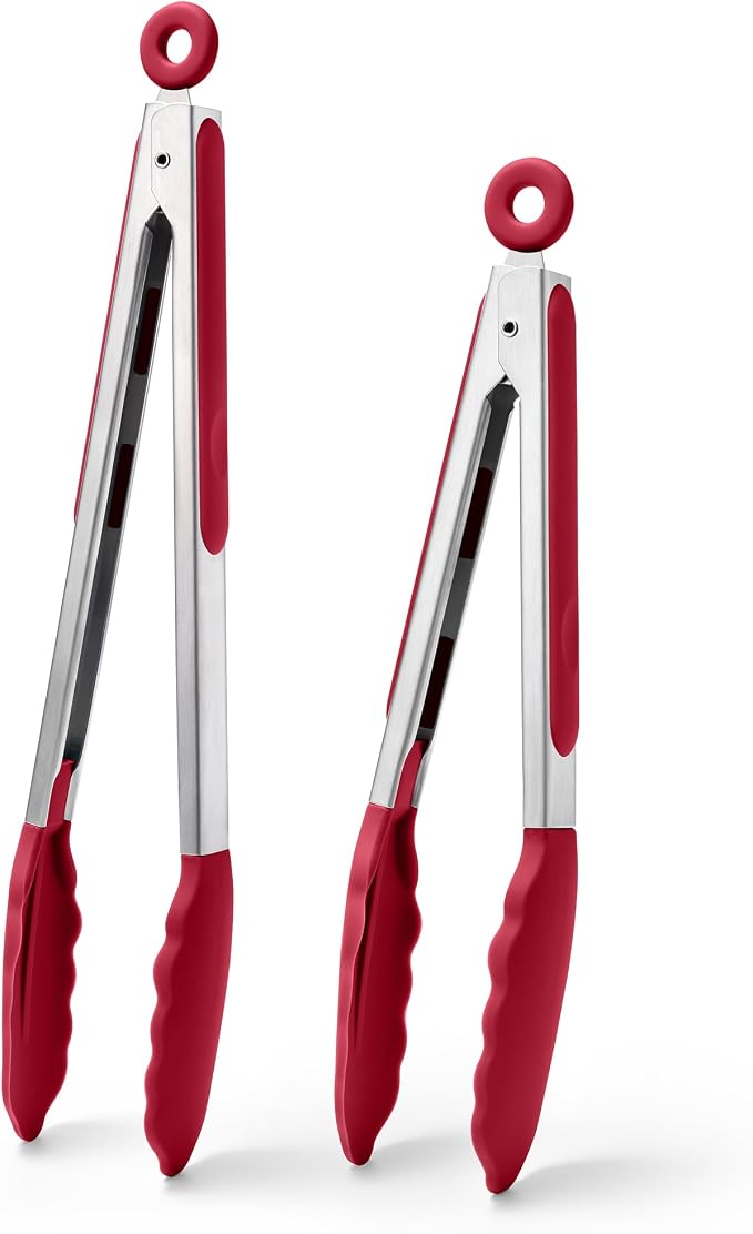 Doosu Kitchen Tongs with Silicone Tips for Cooking Serving (9+12in, Red) | 600°F Heat Resistant Food Tong, Heavy Duty Stainless Steel Locking Tong for BBQ, Grilling Steak, Salad, Toast, Pasta