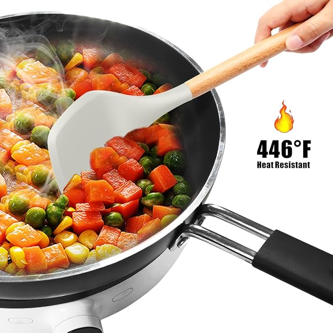 oannao Silicone Cooking Utensils Set - 446°F Heat Resistant Silicone Kitchen Utensils for Cooking,Kitchen Utensil Spatula Set w Wooden Handles for Non-Stick Cookware, BPA FREE (Cream White)