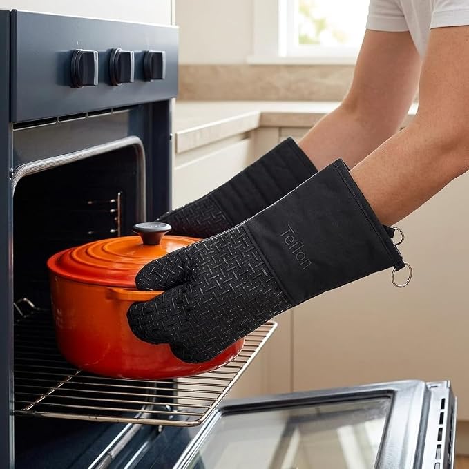 Xlnt Extra Long Oven Mitts (Black) | Teflon EcoElite Water Repellent | Heat Resistant for Oven Cooking, Grill & BBQ | Non Slip Gloves with Teflon EcoElite Finish, Cotton Lining & Hanging Loop