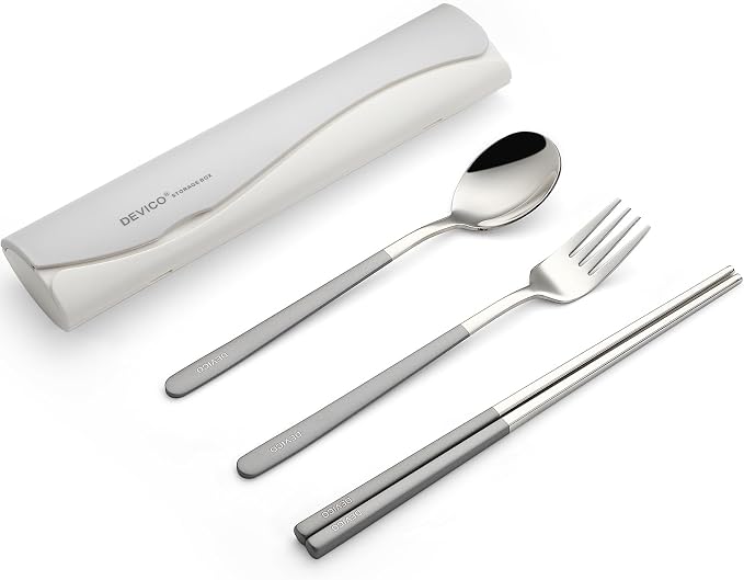 DEVICO Travel Utensils with Case, 4 Piece Portable Silverware Set for Work | 18/8 Stainless Steel Reusable Travel Cutlery Set, Korean Chopsticks Fork and Spoon Set for Lunch Box/Camping/Picnic/Dorm,Gray