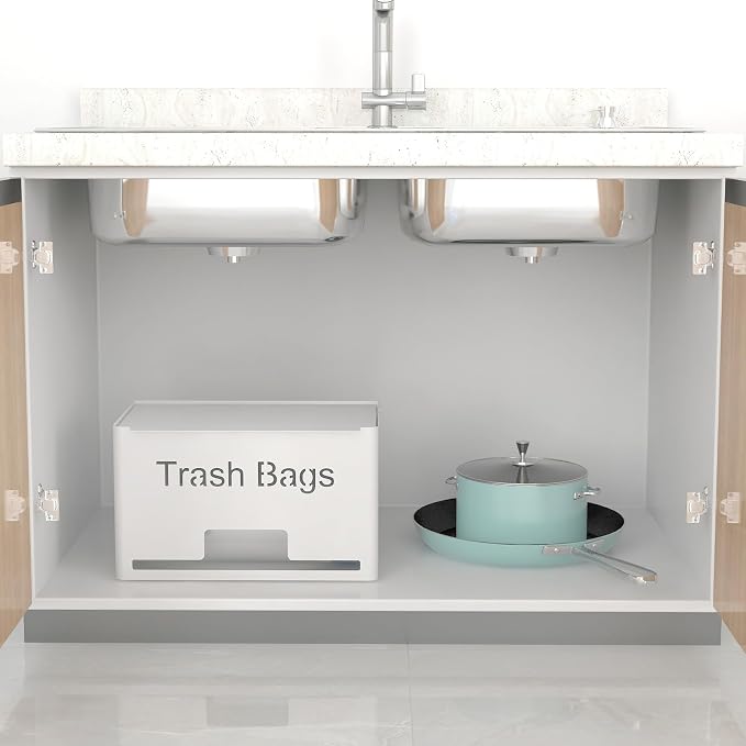STWWO Large Trash Bag Holder, Garbage Bag Dispenser Roll Holder, White | Trash Bag Storage Organizer for Kitchen Laundry Room Under Sink, Metal Trash Bag Holder Dispenser Wall Mounted /Freestanding